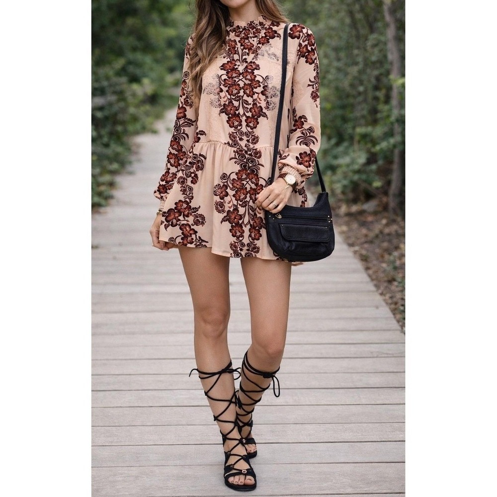 Skylar & Jade Y2K Beige Floral Lace Mock Neck Long Sleeve Womens Mini Dress Sz S